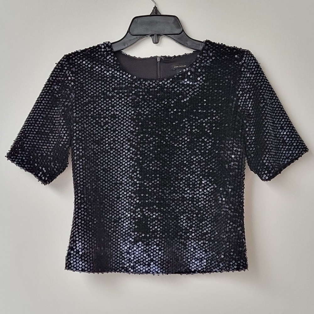 Ann Taylor Navy Blue Crop Sequin Top